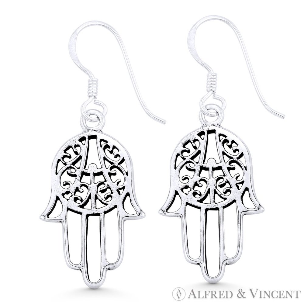Hamsa Hand Evil Eye Luck Charm Dangling Earrings in Oxidized 925 Sterling Silver